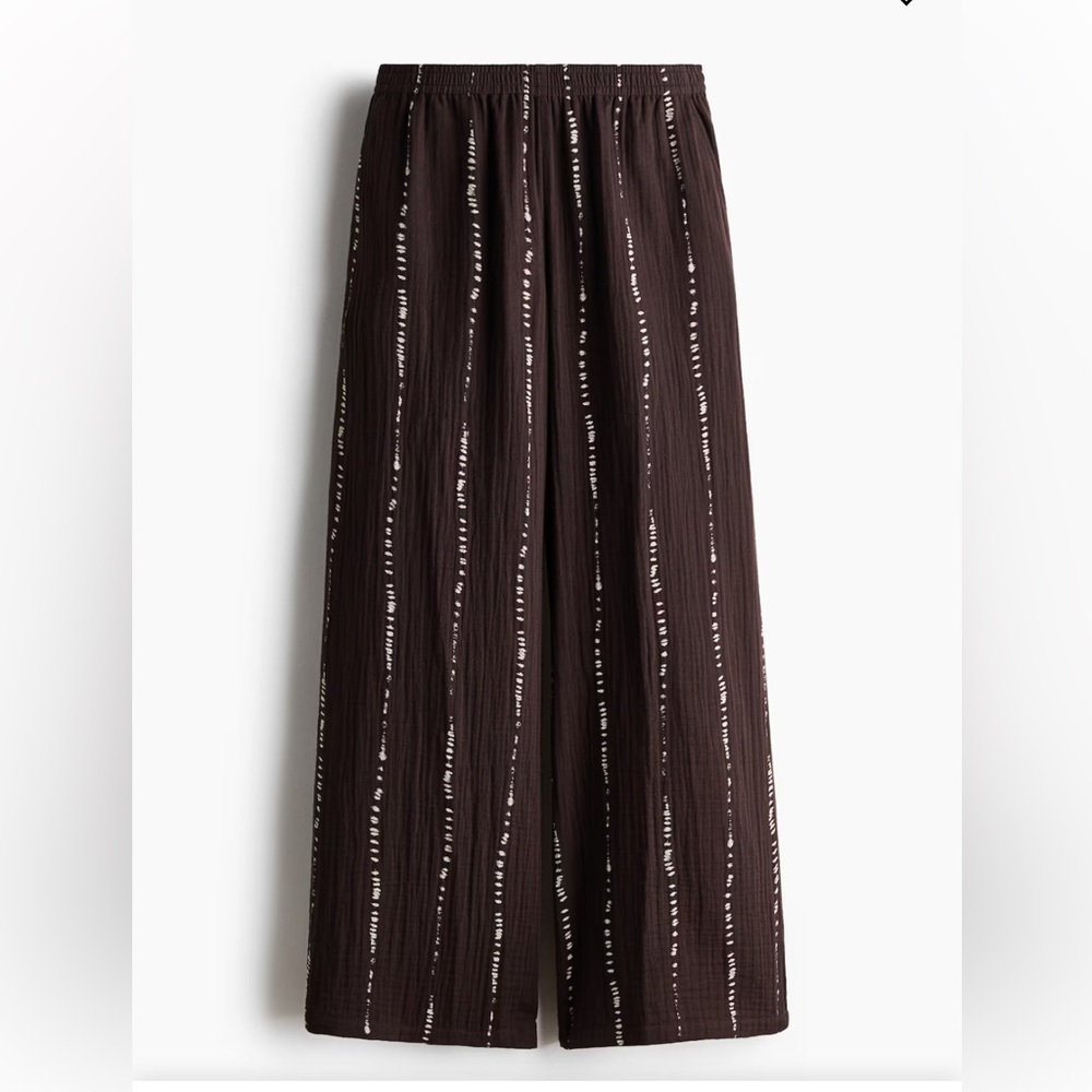 H&M Wide Leg 100% Cotton Gauze Vertical Dashed Stripe Pattern Brown Sz M